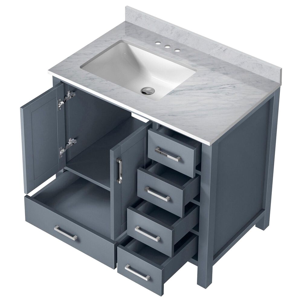Lexora Home Jacques 36&quot; Left Offset Single Bathroom Vanity in Dark Grey with 2 cm White Carrara Marble Top and Rectangular Sink, , large