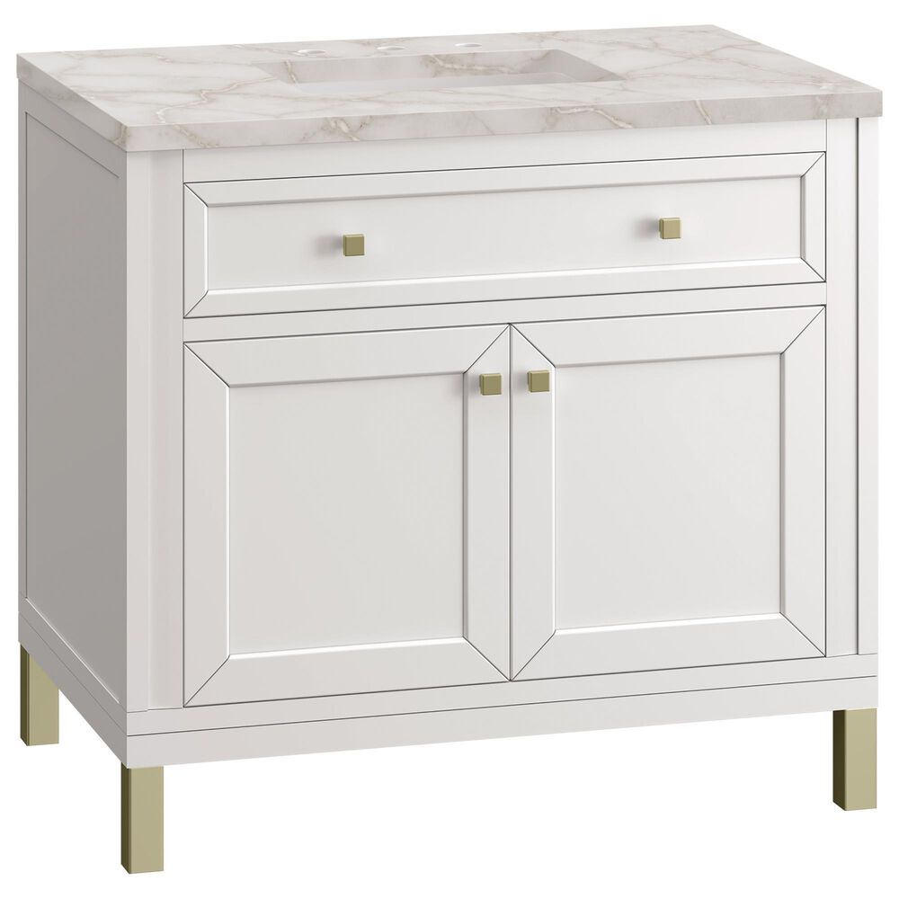 James Martin Vanities Chicago 36" Single Bathroom Vanity in Glossy White with 3 cm Victorian Silver Quartz Top and Rectangular Sink, , large