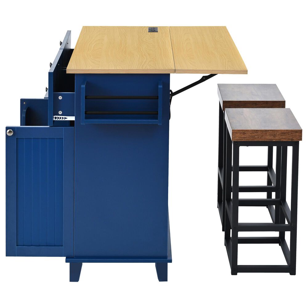 HOMLUX Farmhouse Kitchen Island with Drop Leaf and 2 Stools in Blue, Natural, Black and Rustic Brown, , large