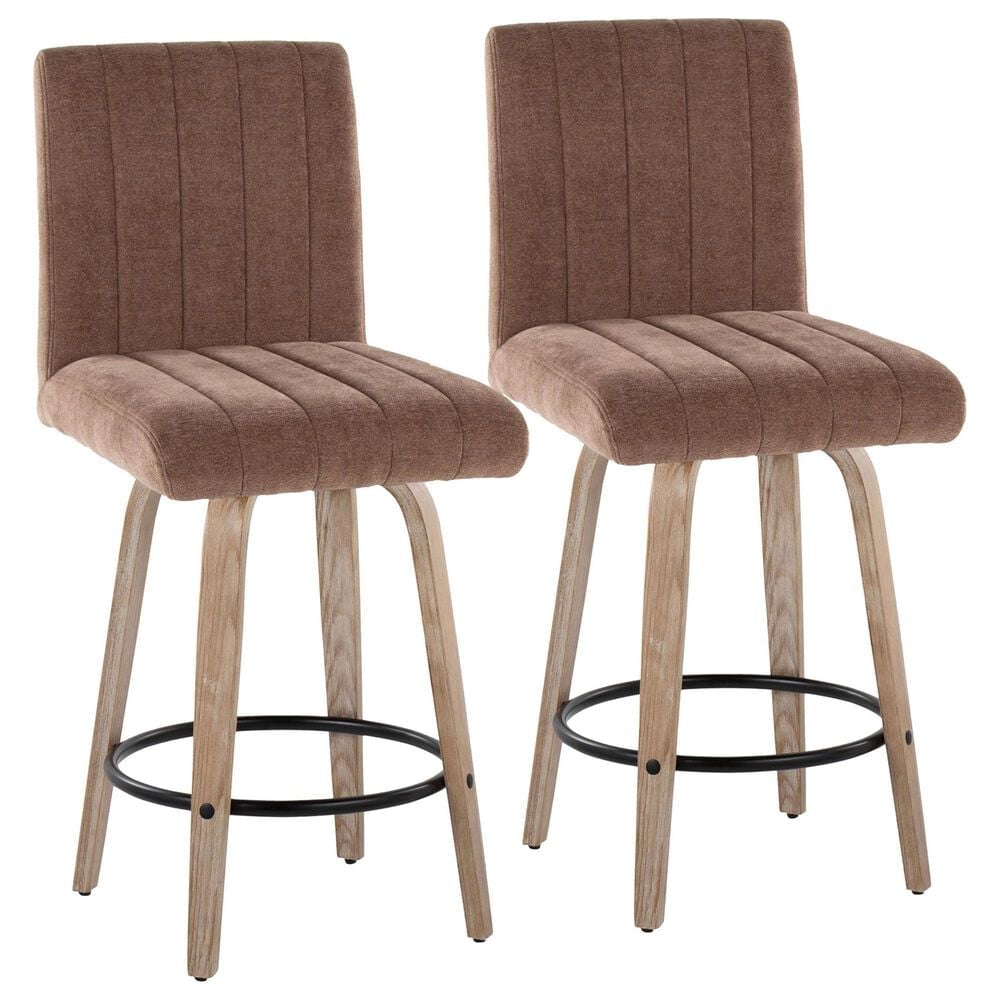 LumiSource Hank Swivel Counter Stool with Brown Fabric Upholstery in Whitewashed and Black (Set of 2), , large