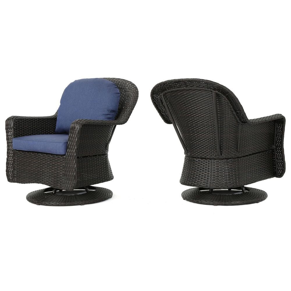 Hearth and Haven Liam Swivel Club Chair with Blue Cushion in Dark Brown (Set of 2), , large
