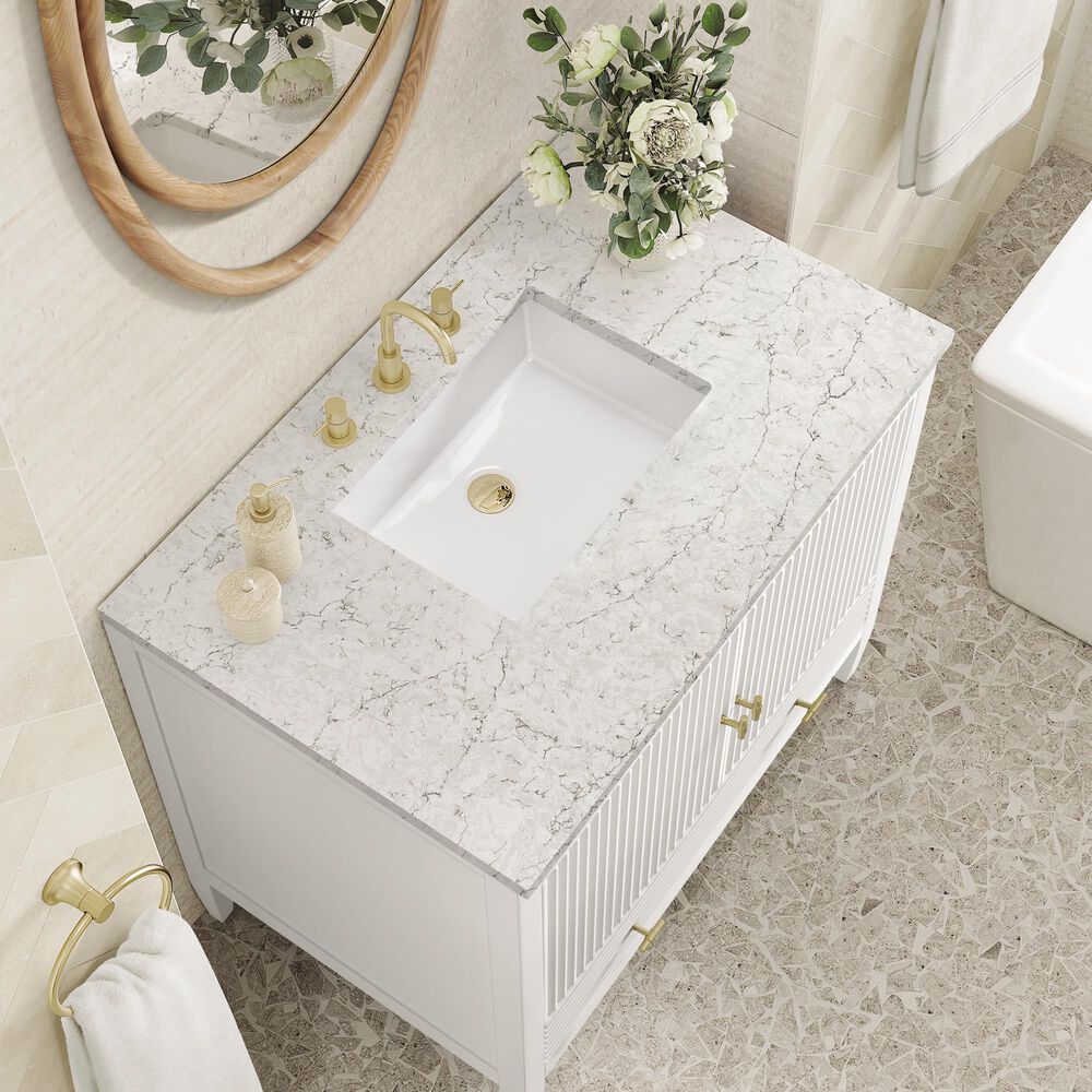 James Martin Vanities Myrrin 36&quot; Vanity in Bright White with 3 cm Eternal Jasmine Pearl Quartz Top, , large