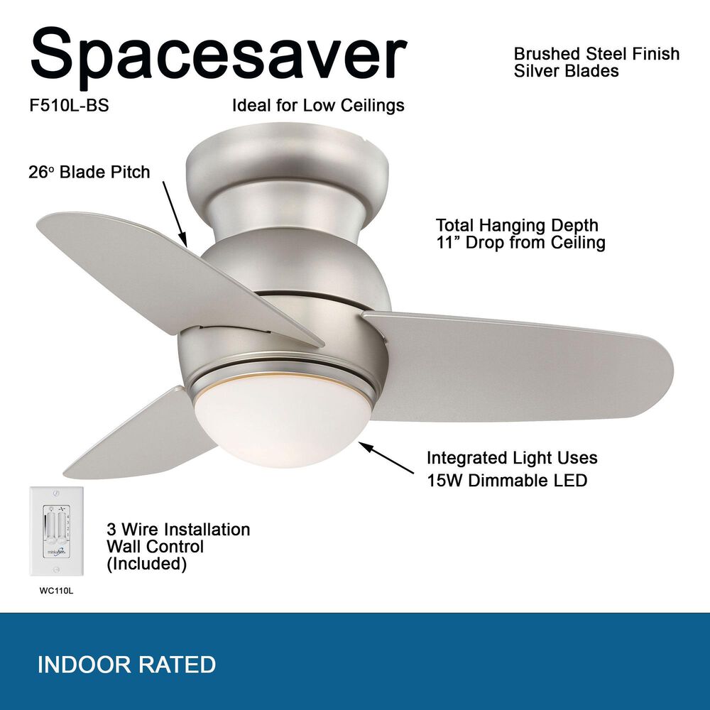 Minka-Aire Spacesaver 26" Ceiling Fan with LED Light in Brushed Steel, , large