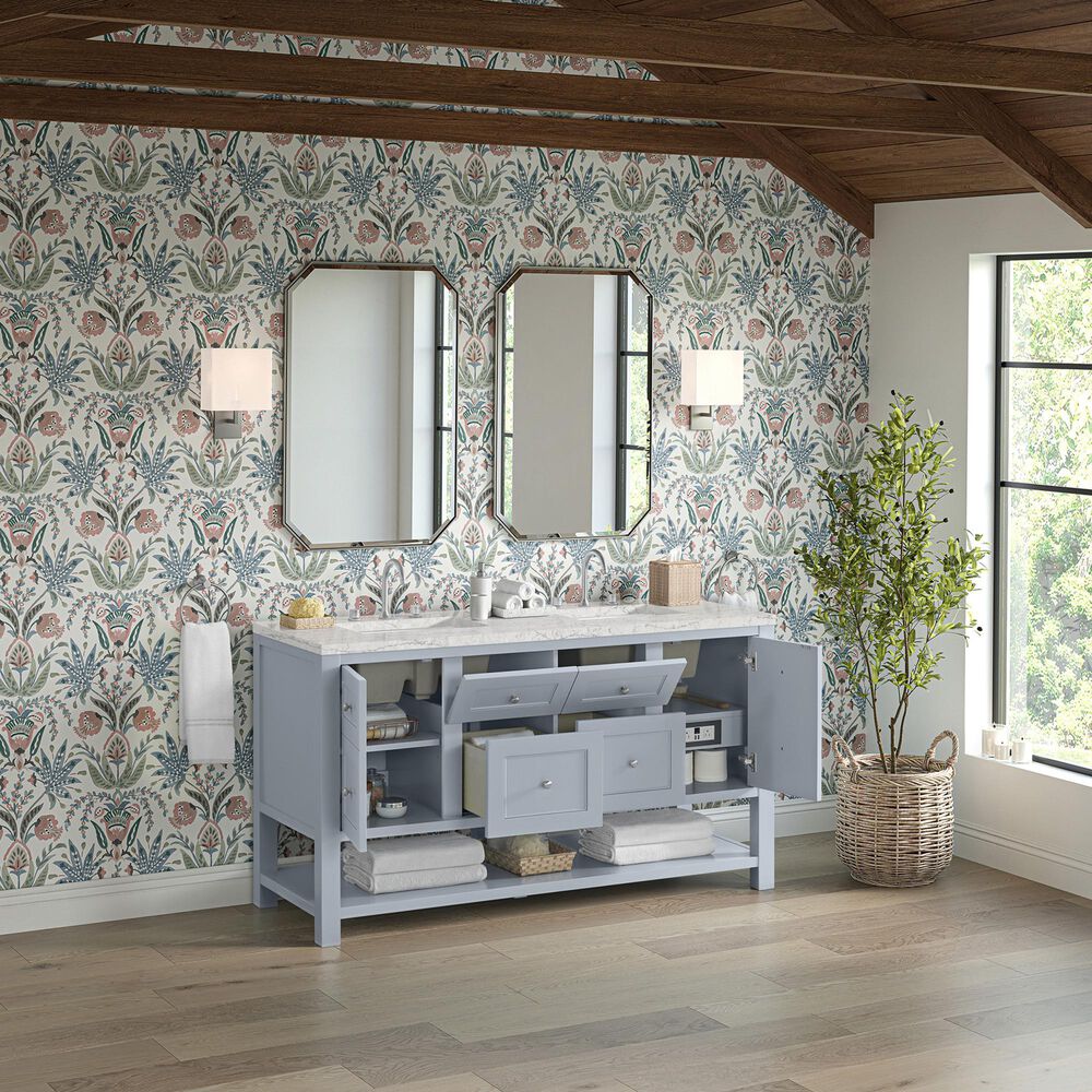 James Martin Vanities Breckenridge 60&quot; Double Bathroom Vanity in Serenity Blue with 3 cm Eternal Jasmine Pearl Quartz Top and Rectangular Sinks, , large