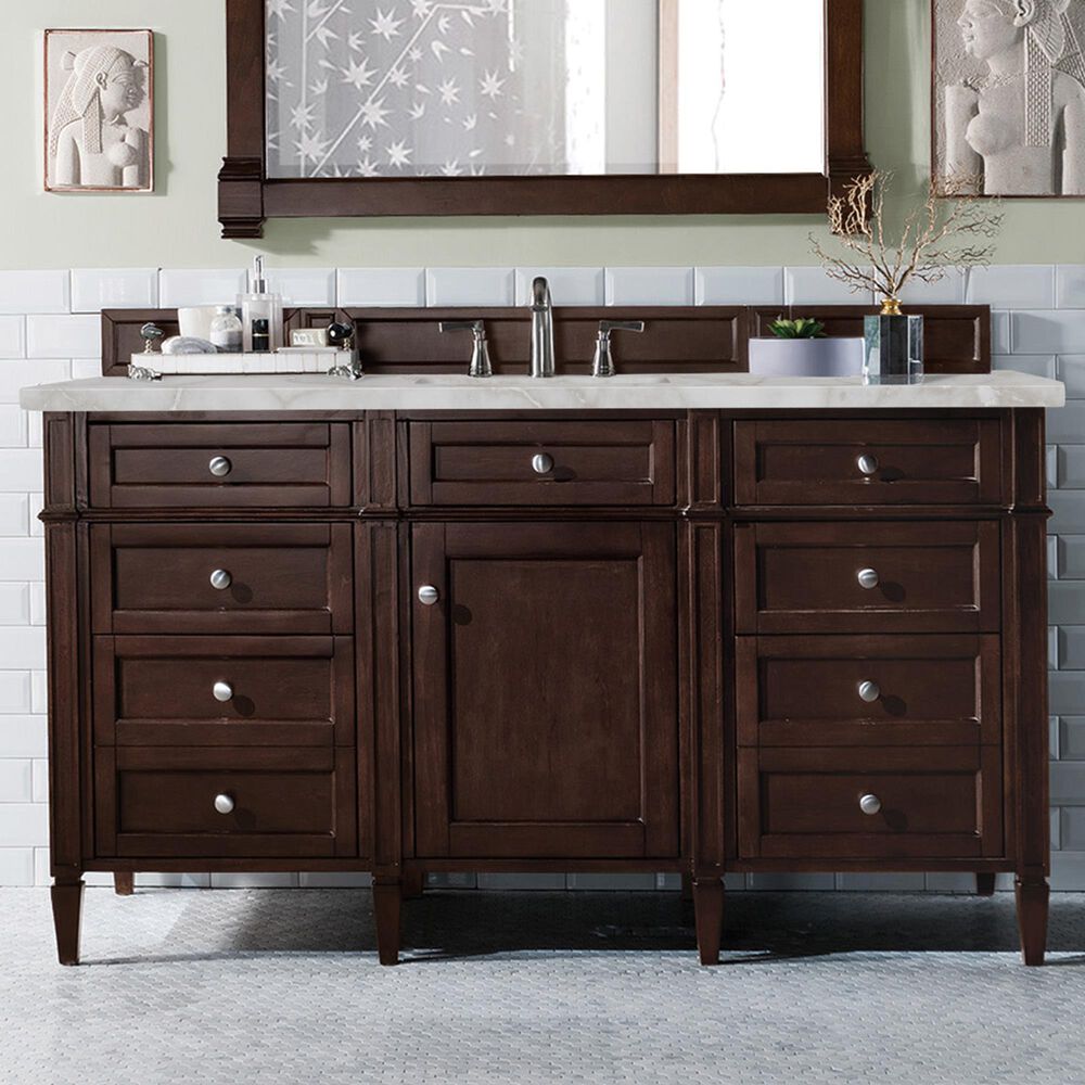 James Martin Vanities Brittany 60&quot; Single Bathroom Vanity in Burnished Mahogany with 3 cm Victorian Silver Quartz Top and Rectangular Sink, , large