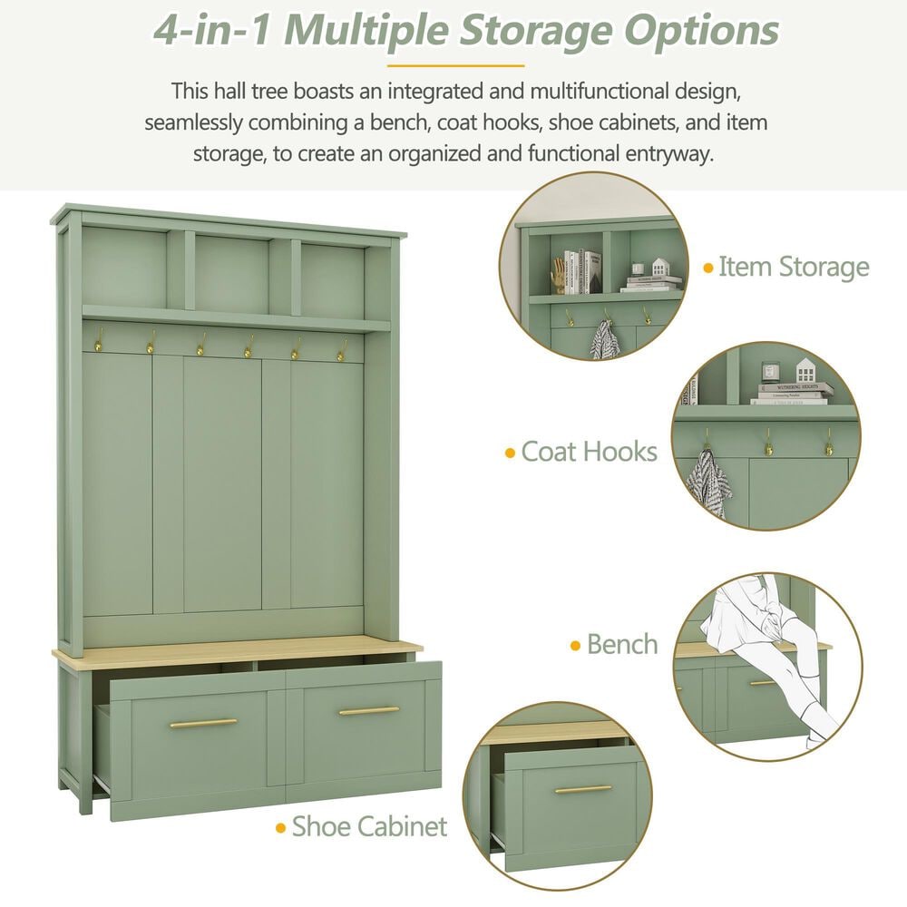 HOMLUX 6-Hook Hall Tree with 2-Drawer in Green, , large