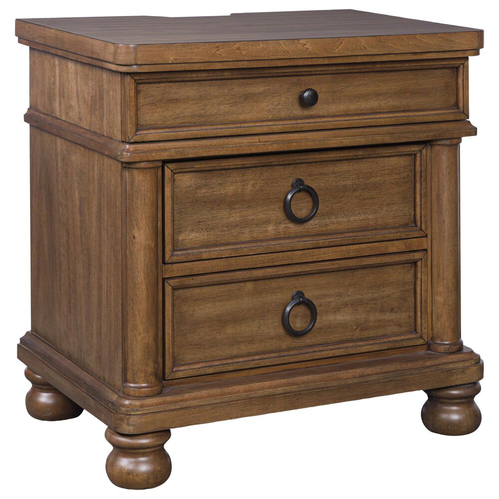 Ashley Rowlenstown 3 Drawer Nightstand in Medium Brown with Outlet and USB Ports, , large