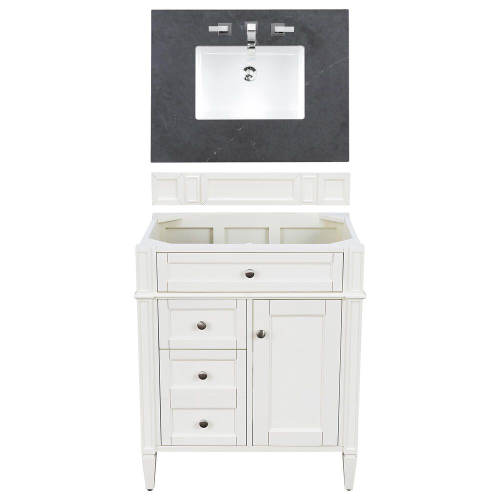 James Martin Vanities Brittany 30" Single Bathroom Vanity in Bright White with 3 cm Charcoal Soapstone Quartz Top and Rectangle Sink, , large