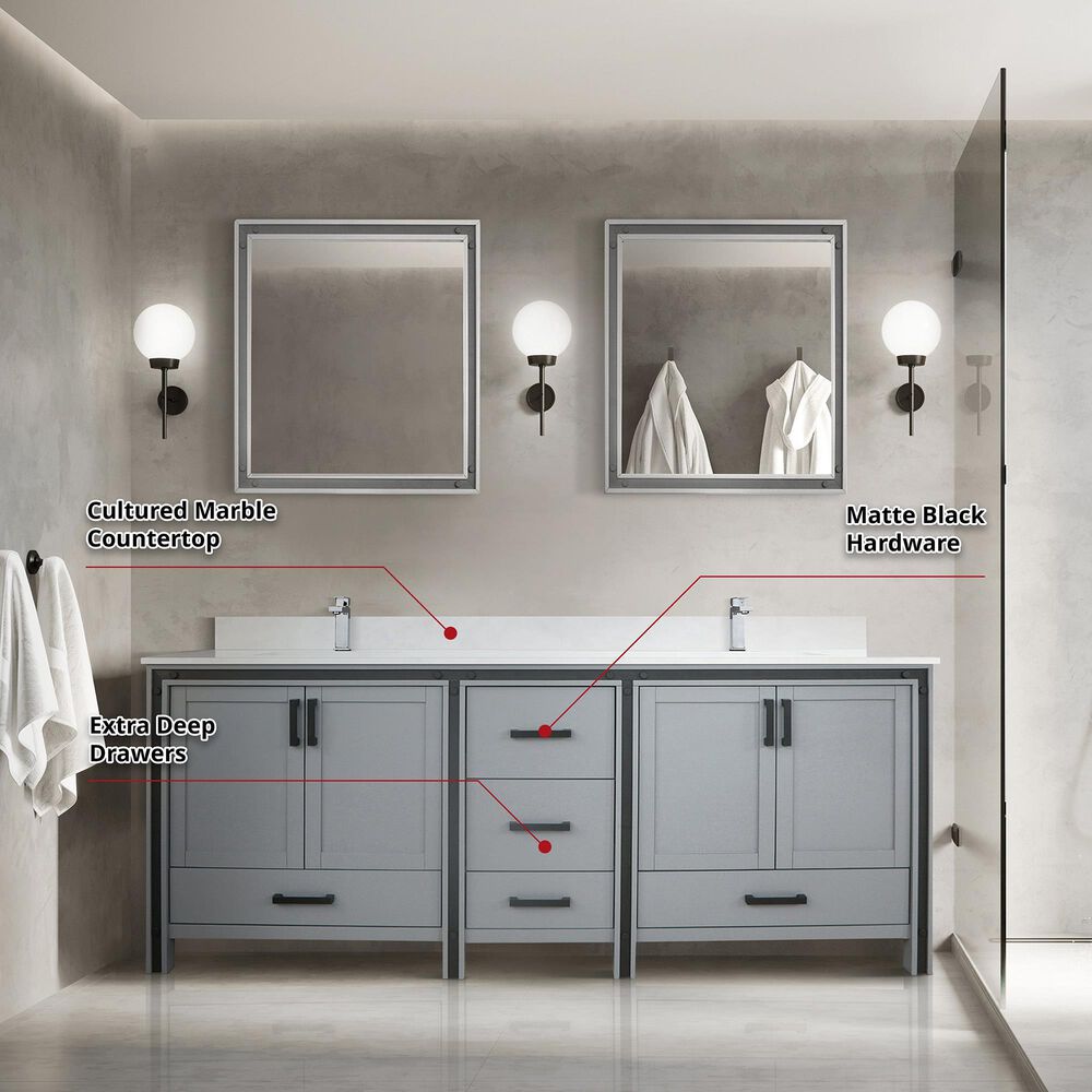 Lexora Home Ziva 80&quot; Double Bathroom Vanity in Dark Grey with 2 cm White Cultured Marble Top and Rectangular Sinks, , large
