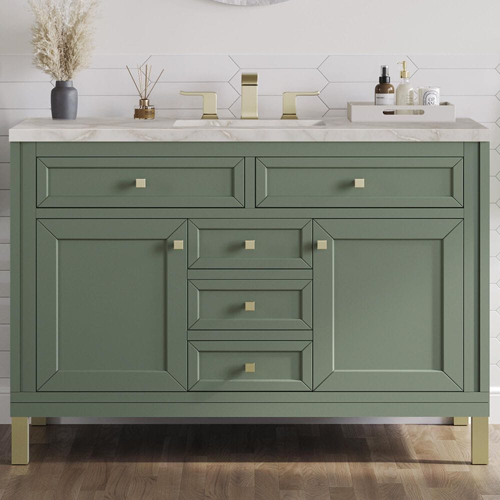 James Martin Vanities Chicago 48&quot; Single Bathroom Vanity in Smokey Celadon with 3 cm Victorian Silver Quartz Top and Rectangular Sink, , large
