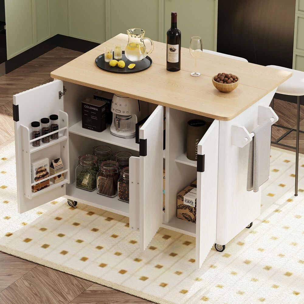 HOMLUX 51" Kitchen Island with Drop Leaf in White Ash, , large