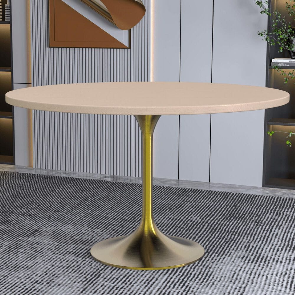 Leisuremod LeisureMod Verve Collection 48 Round Dining Table, Brushed Gold Base with Light Natural Wood MDF Top, , large