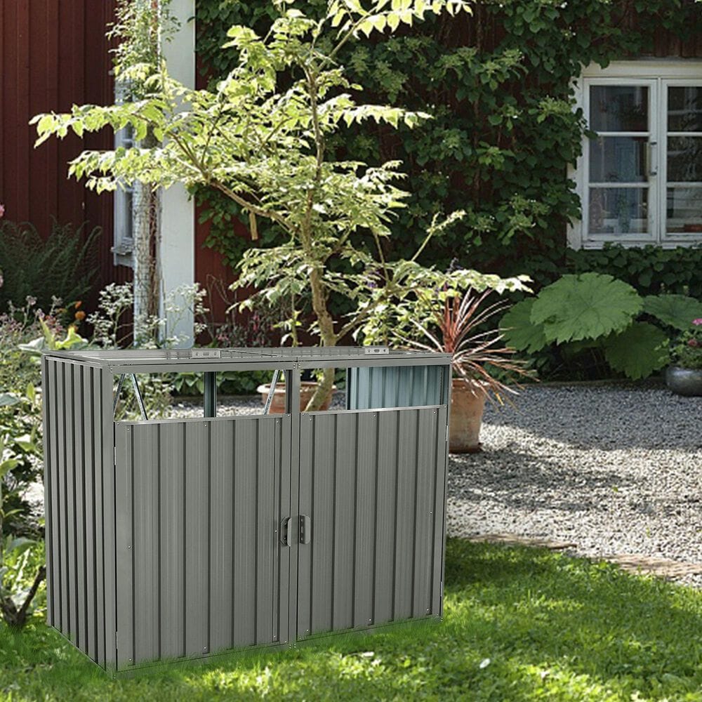 Hearth and Haven Outdoor Metal Garbage Bin Shed for 2 Trash Cans with Lockable Doors in Gray, , large