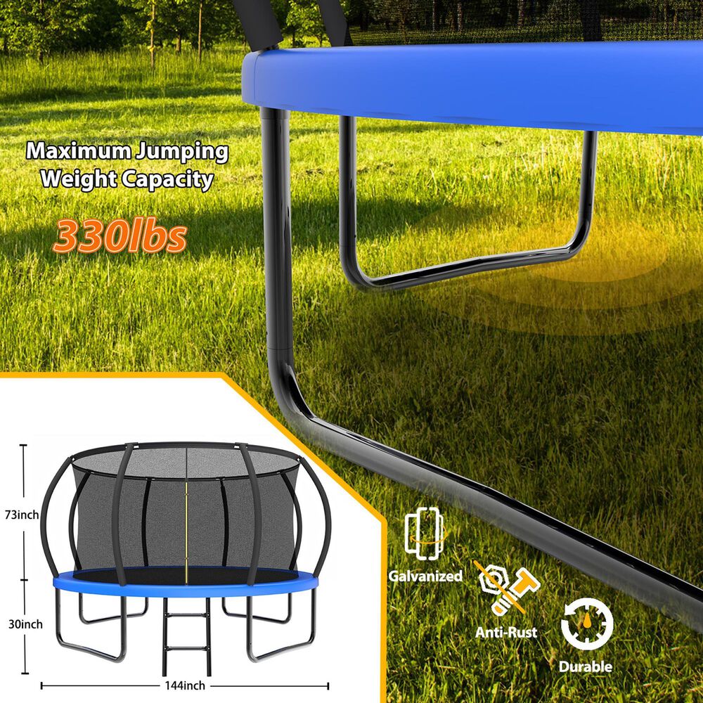 HOMLUX 12' Outdoor Trampoline with Enclosure Net and Ladder in Blue, , large