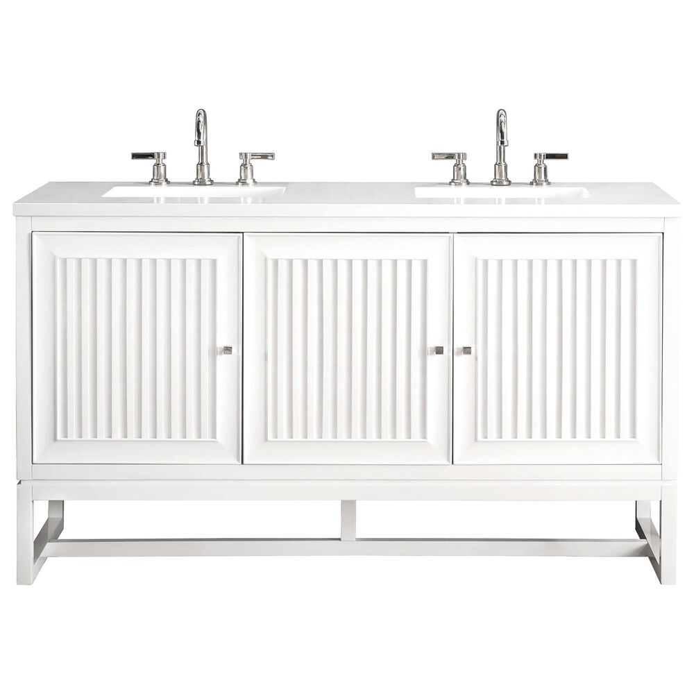 James Martin Vanities Athens 60" Single Bathroom Vanity in Glossy White with 3 cm White Zeus Quartz Top and Rectangular Sink, , large