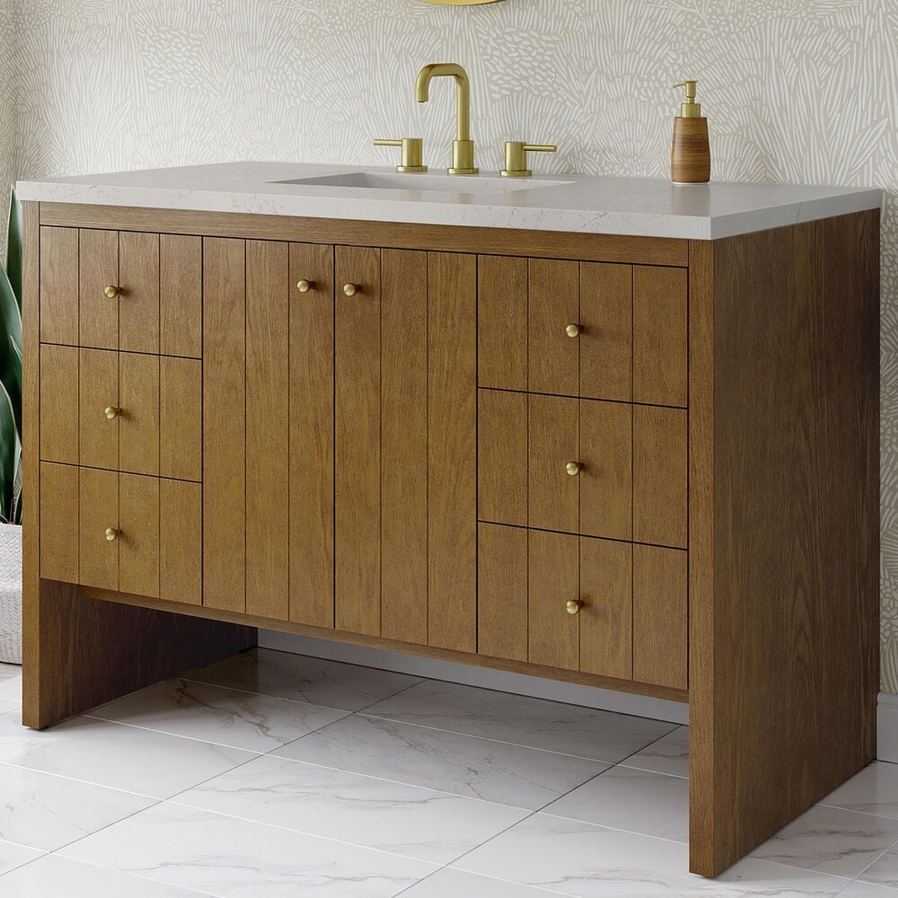 James Martin Hudson 48" Single Bathroom Vanity in Honey Oak with 3 cm Siberian Silestone Top, Rectangular Sink and FreePower Wireless Charger, , large
