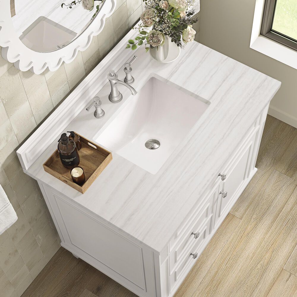 James Martin Vanities Lorelai 36&quot; Single Vanity in Bright White with 3 cm Arctic Fall Solid Surface Top, , large