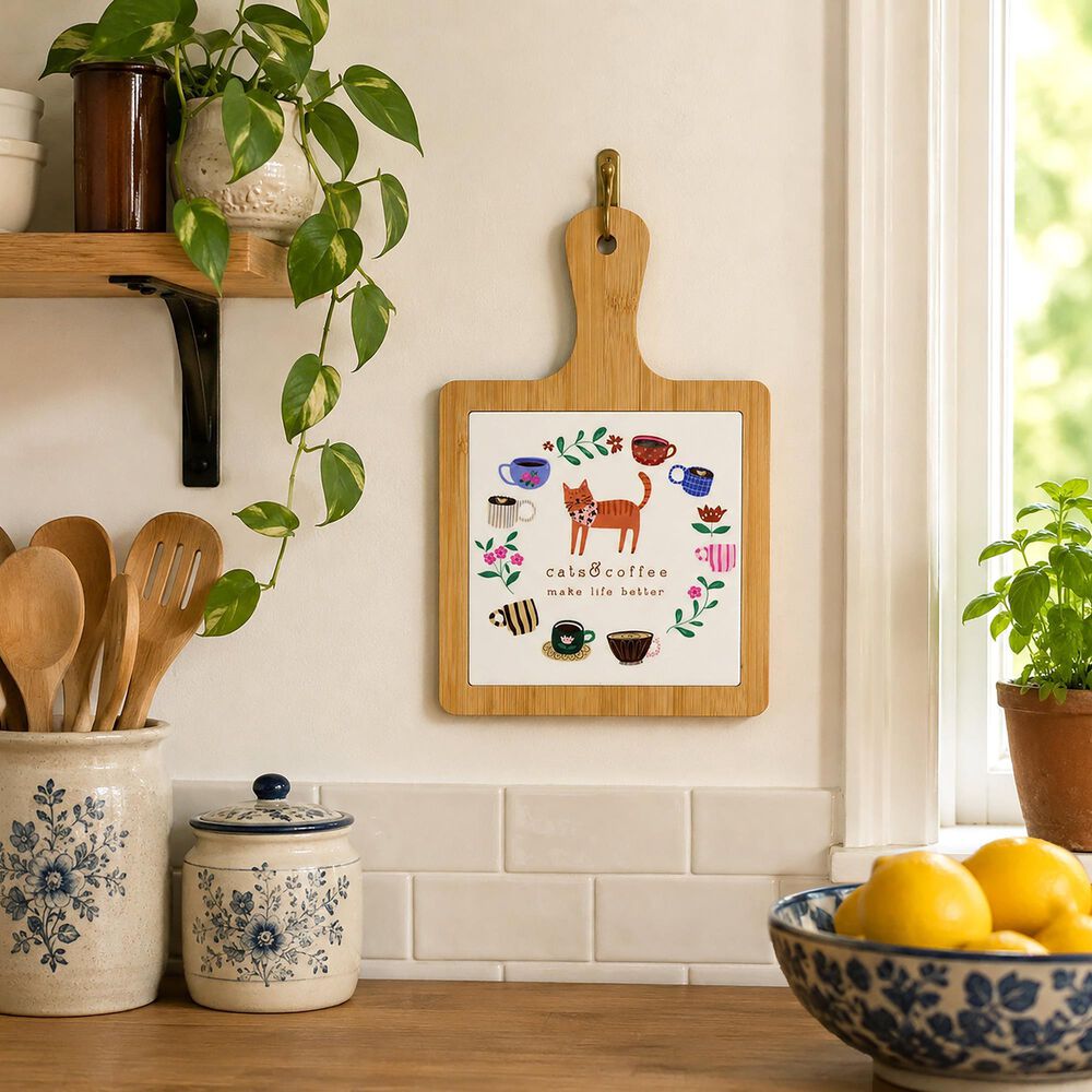 Pavilion 7.5" Cats and Coffee Tile Trivet in White, , large