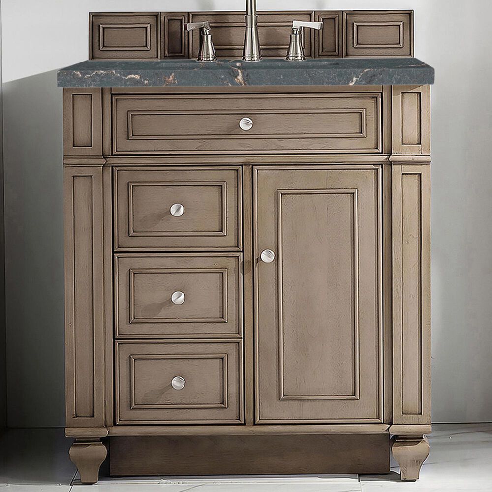 James Martin Vanities Bristol 30&quot; Single Bathroom Vanity in Whitewashed Walnut with 3 cm Parisien Bleu Quartz Top and Rectangular Sink, , large