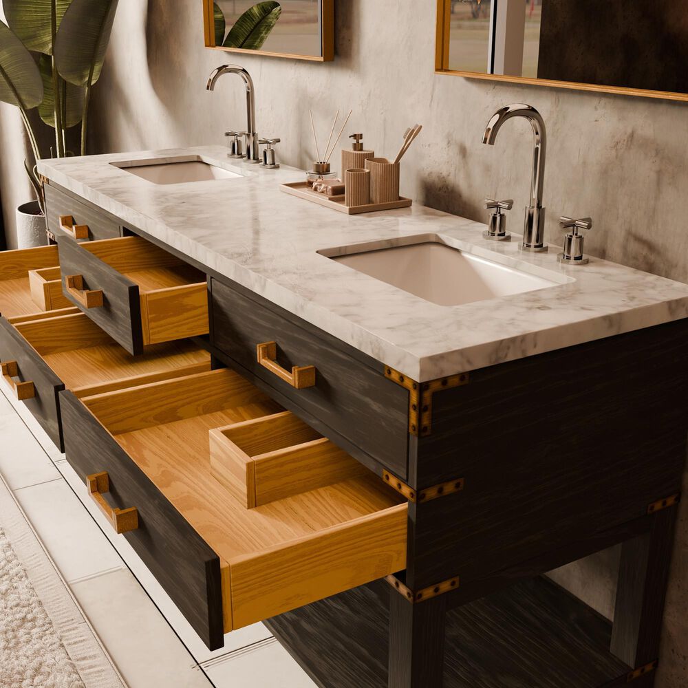 Lexora Home Norwalk 72" Double Bathroom Vanity in Black Oak with White Carrara Marble Top and Rectangular Sinks, , large