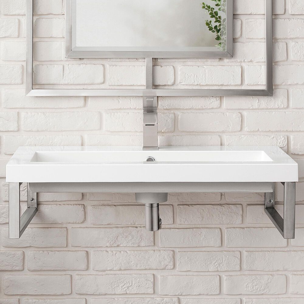 James Martin Vanities Boston 31.5&quot; Single Wall Brackets in Brushed Nickel with 3 cm White Glossy Resin Top and Rectangular Sink, , large