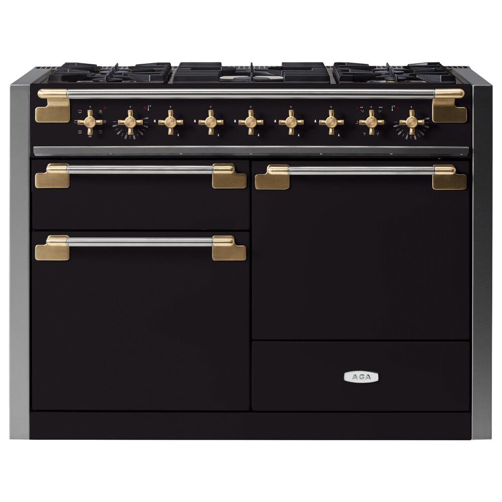AGA Elise 48" Dual Fuel Range with Antique Brass Knobs in Gloss Black, , large