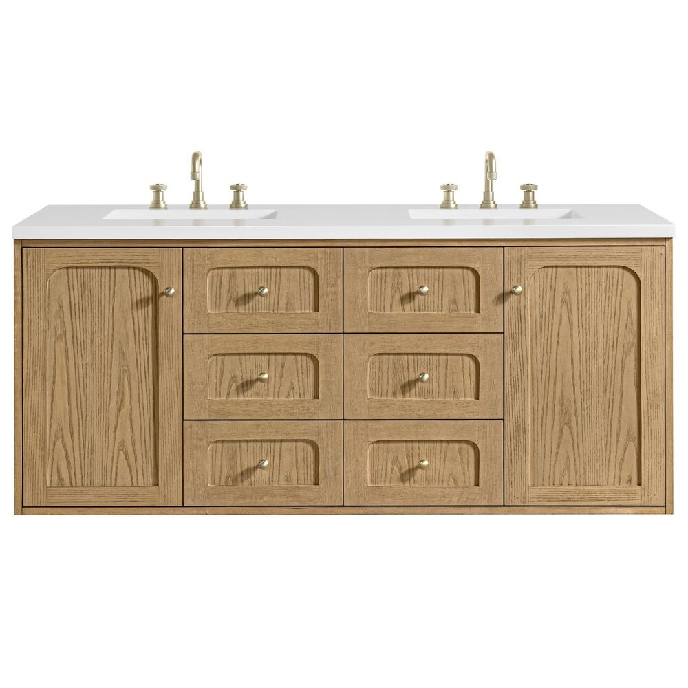 James Martin Vanities Laurent 60&quot; Double Bathroom Vanity in Light Natural Oak with 3 cm White Zeus Quartz Top and Rectangular Sinks, , large