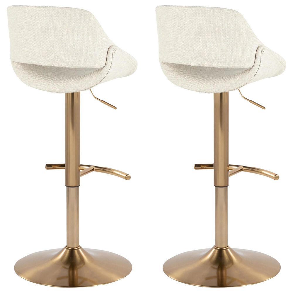LumiSource Fabrico Swivel Adjustable Bar Stool with Cream Noise Fabric Upholstery and Rounded T Footrest in Gold (Set of 2), , large