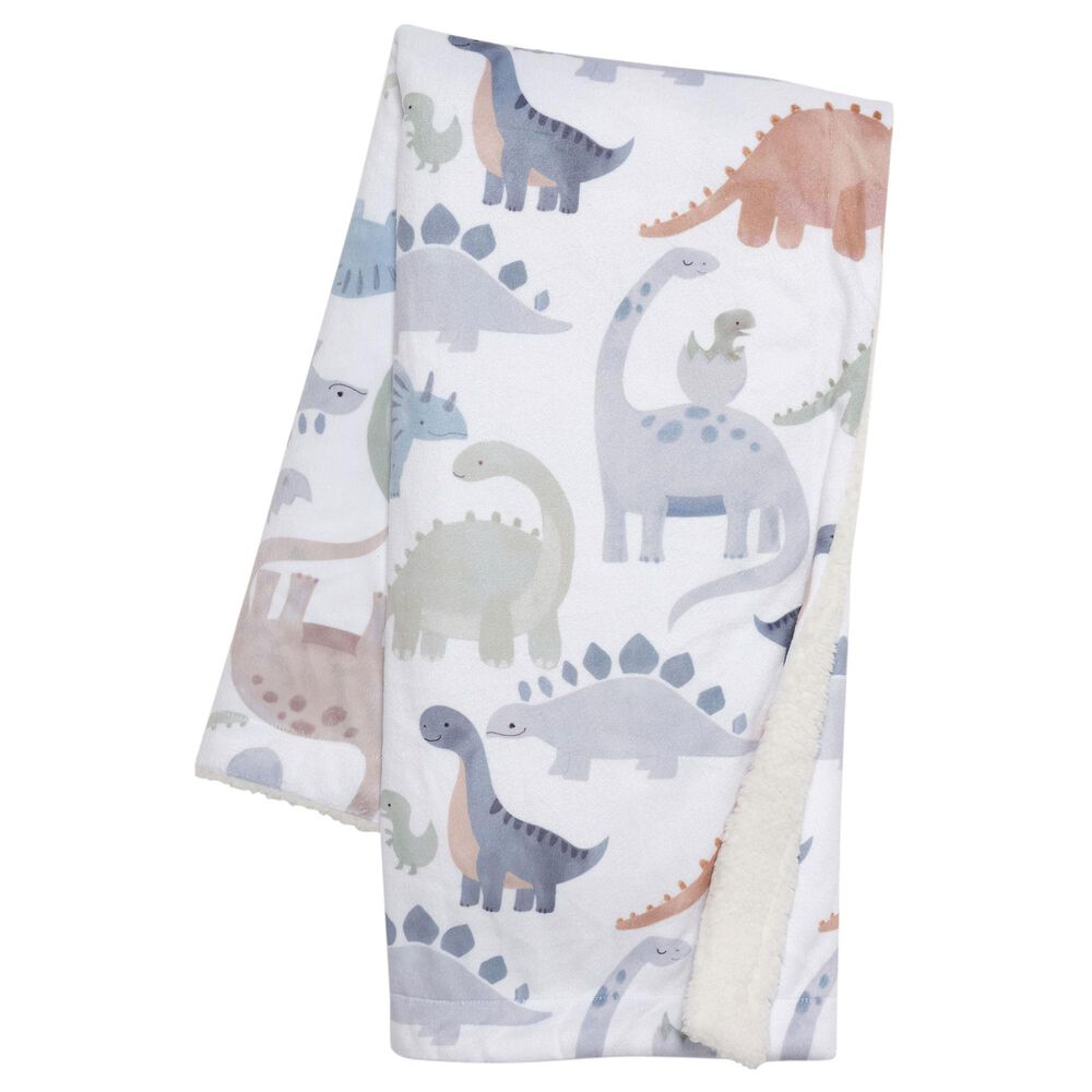 Lambs & Ivy Dino-Might Baby Blanket in White, Gray and Blue, , large