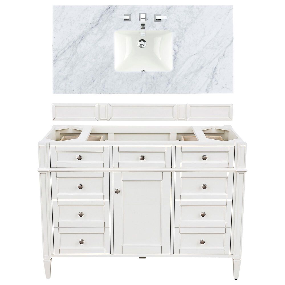 James Martin Vanities Brittany 48" Single Bathroom Vanity in Bright White with 3 cm Carrara White Marble Top and Rectangle Sink, , large