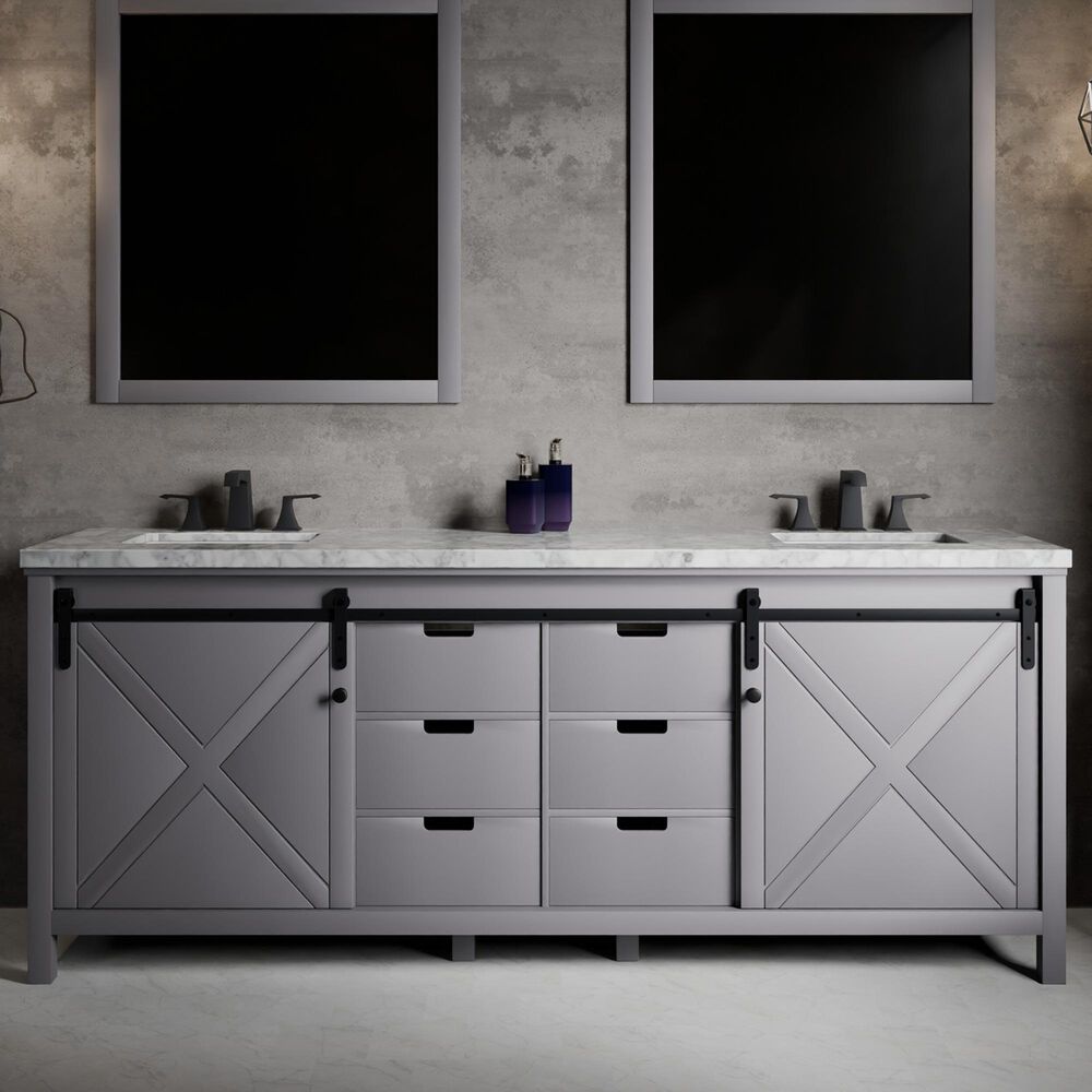 Lexora Home Marsyas 84&quot; Double Bathroom Vanity in Dark Grey with White Carrara Marble Top and Rectangular Sinks, , large