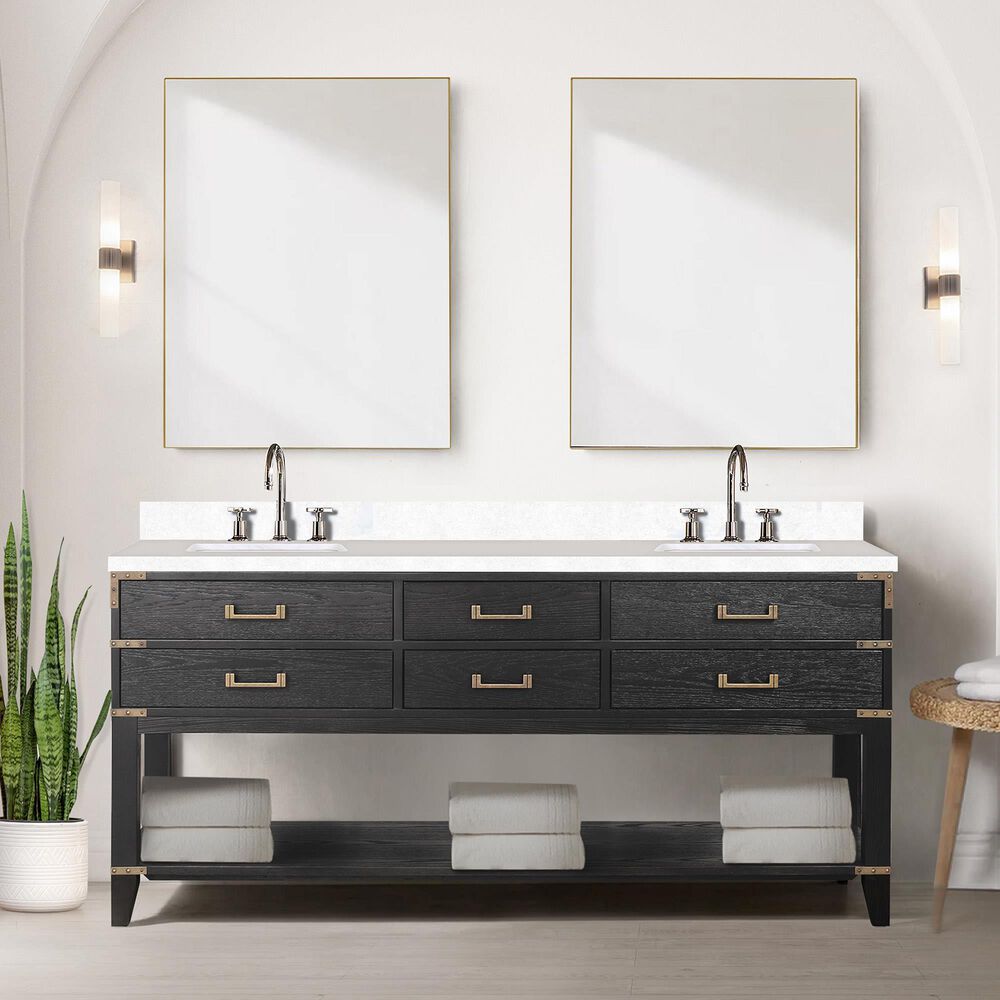 Lexora Home Norwalk 72&quot; Double Bathroom Vanity in Black Oak with White Quartz Top and Rectangular Sinks, , large