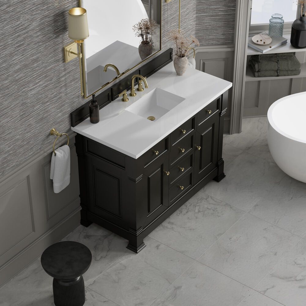 James Martin Vanities Brookfield 48" Single Bathroom Vanity in Black Onyx with 3 cm White Zeus Quartz Top and Rectangular Sink, , large