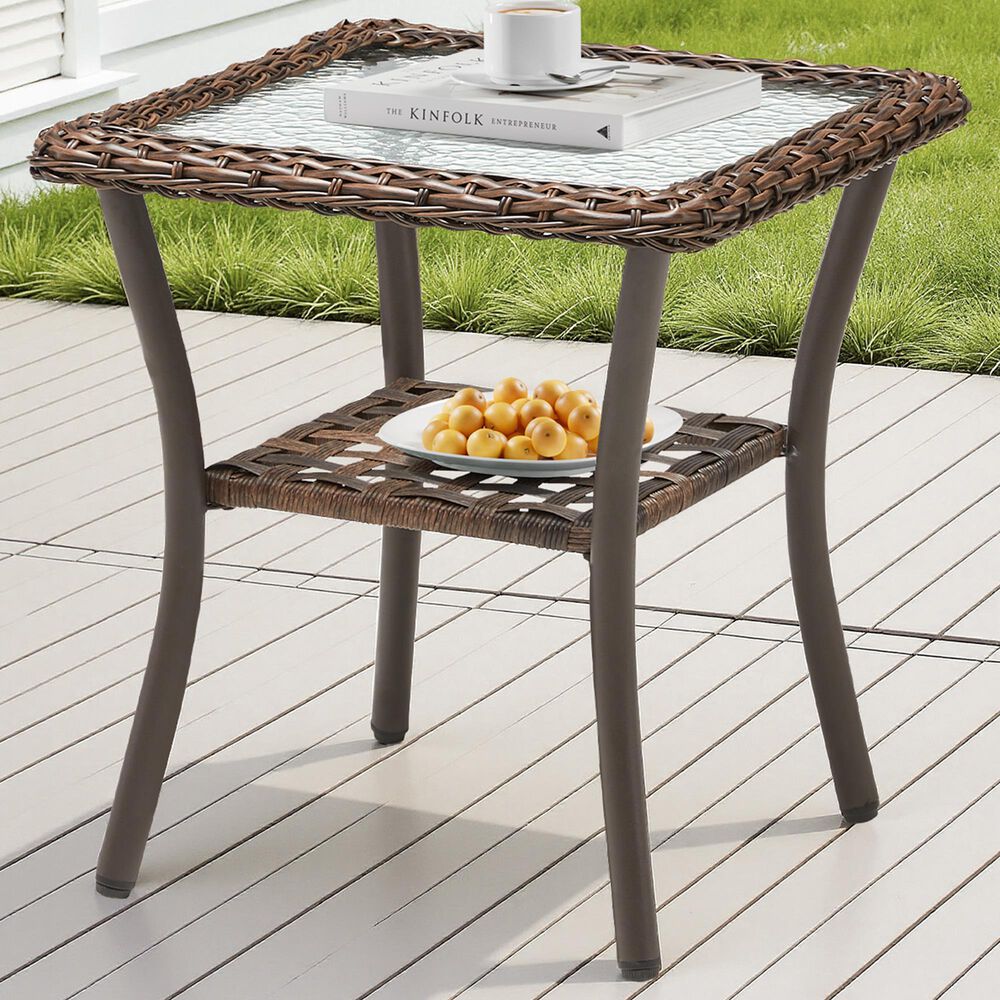 Hearth and Haven Outdoor Square Side Table with Glass Top in Brown, , large