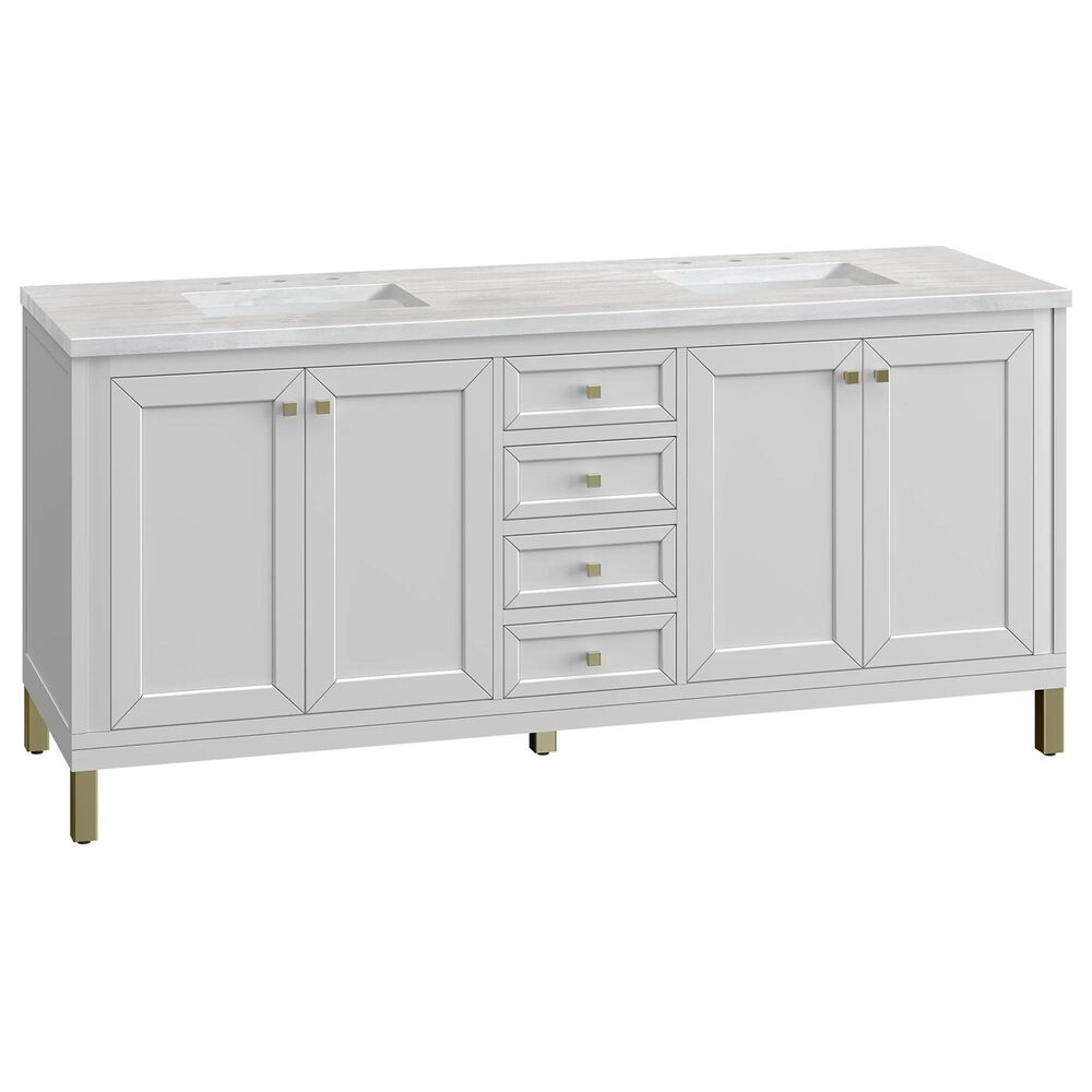 James Martin Vanities Chicago 72" Double Bathroom Vanity in Glossy White with 3 cm Arctic Fall Solid Surface Top and Rectangular Sinks, , large