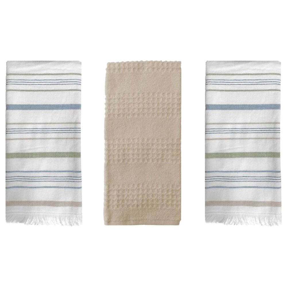 Willow & Hem Marlow Turkish Cotton Kitchen Towel in White, Blue, Tan and Green (Set of 3), , large