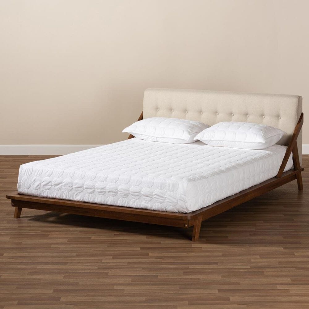 Baxton Studio Sante Queen Upholstered Platform Bed in Beige/Walnut, , large