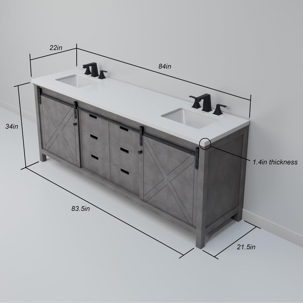Lexora Home Marsyas 84" Double Bathroom Vanity in Ash Grey with 2 cm White Cultured Marble Top and Rectangular Sinks, , large