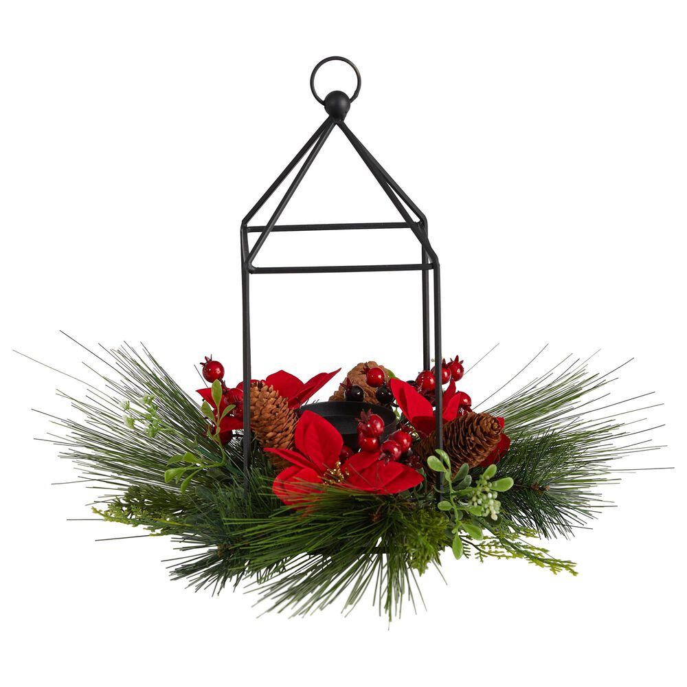 Nearly Natural Inc 14in. Christmas Poinsettia, Berry and Pinecone Metal Candle Holder Christmas Artificial Table Arrangement, , large