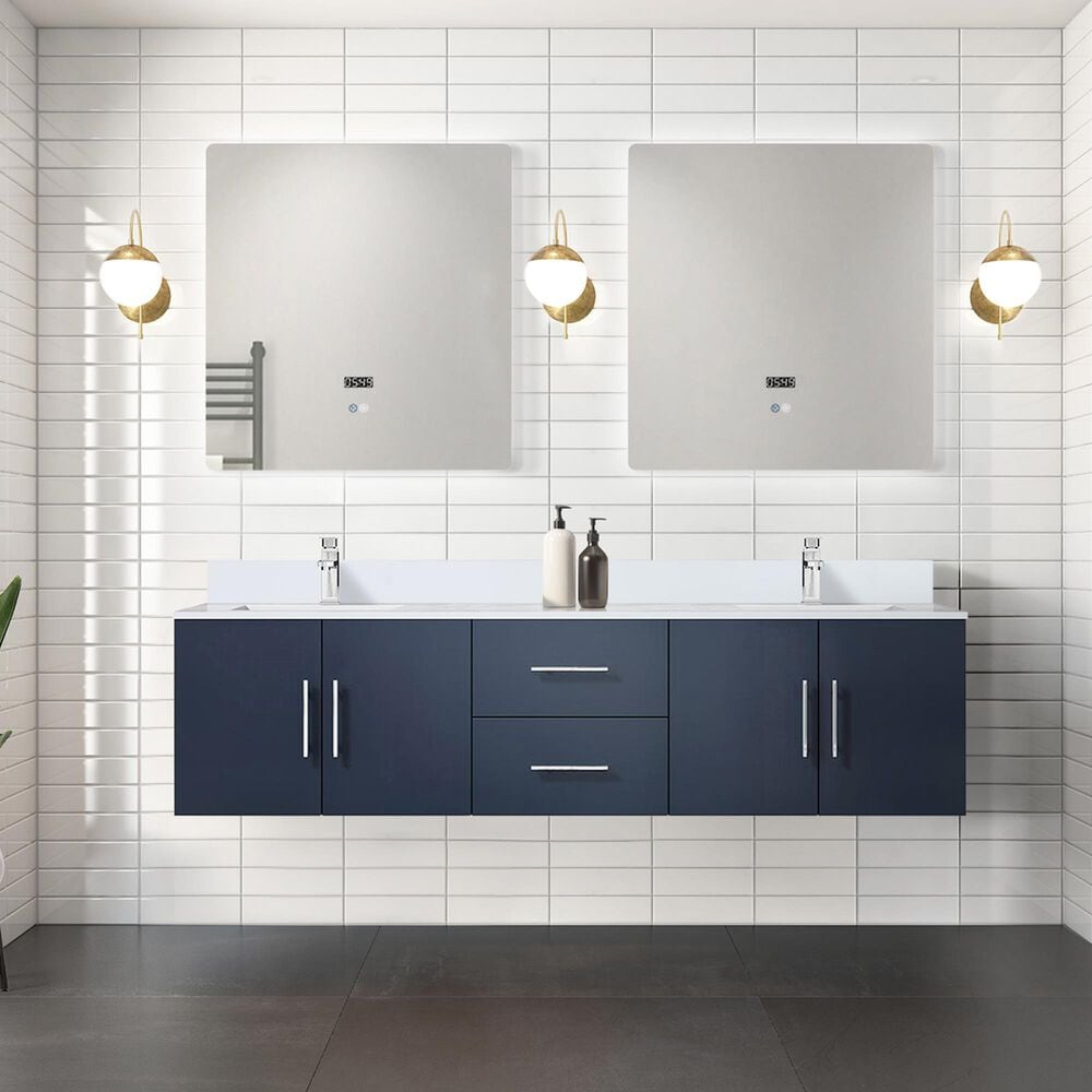Lexora Home Geneva 72&quot; Double Bathroom Vanity in Navy Blue with 2 cm White Cultured Marble Top and Rectangular Sinks, , large
