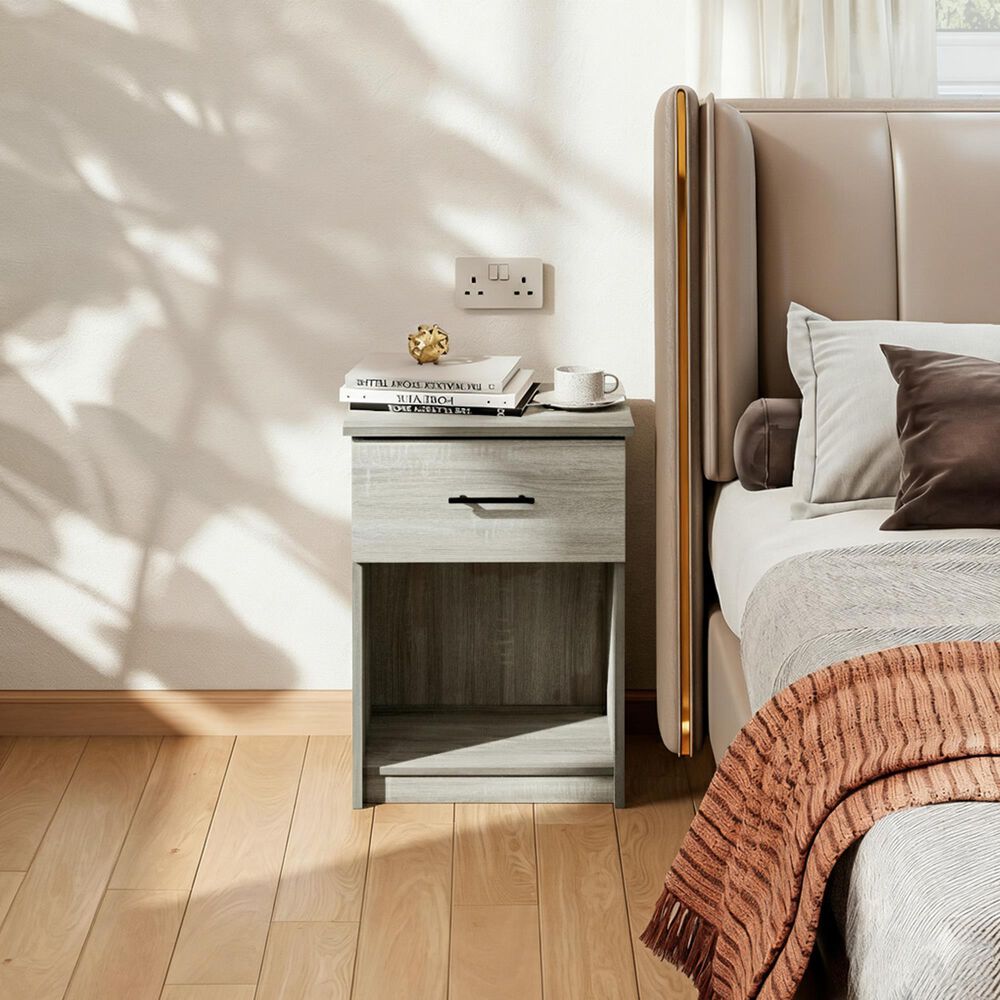 HOMLUX 1-Drawer Modern Nightstand with Bar Handle in French Oak Grey (Set of 2), , large