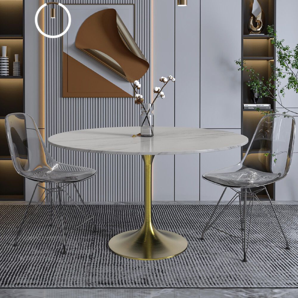 Leisuremod LeisureMod Verve Collection 48 Round Dining Table, Brushed Gold Base with Sintered Stone White Top, , large