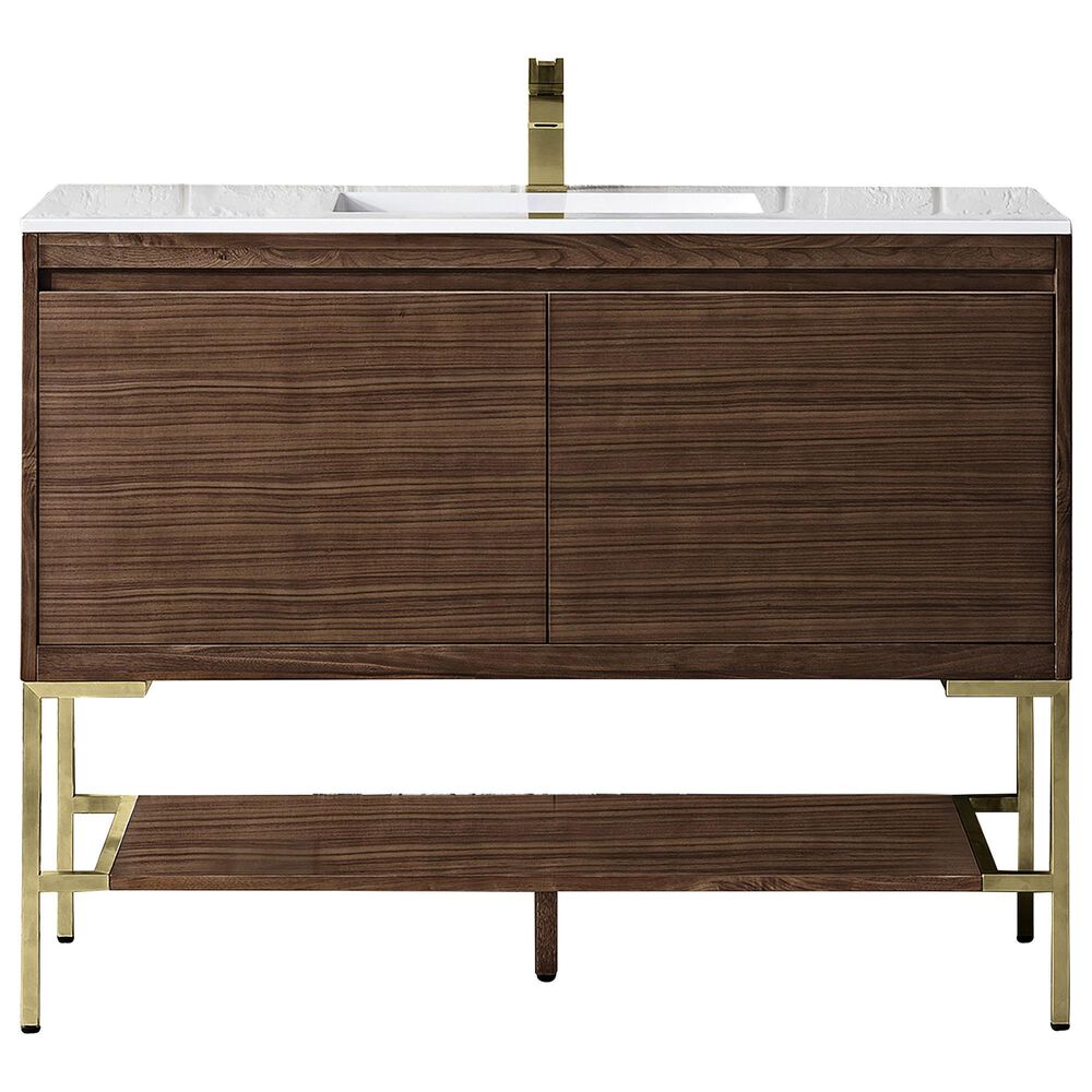James Martin Vanities Mantova 47.3" Single Vanity in Mid-Century Walnut and Champagne Brass with 3 cm Glossy White Composite Stone Top and Rectangular Sink, , large