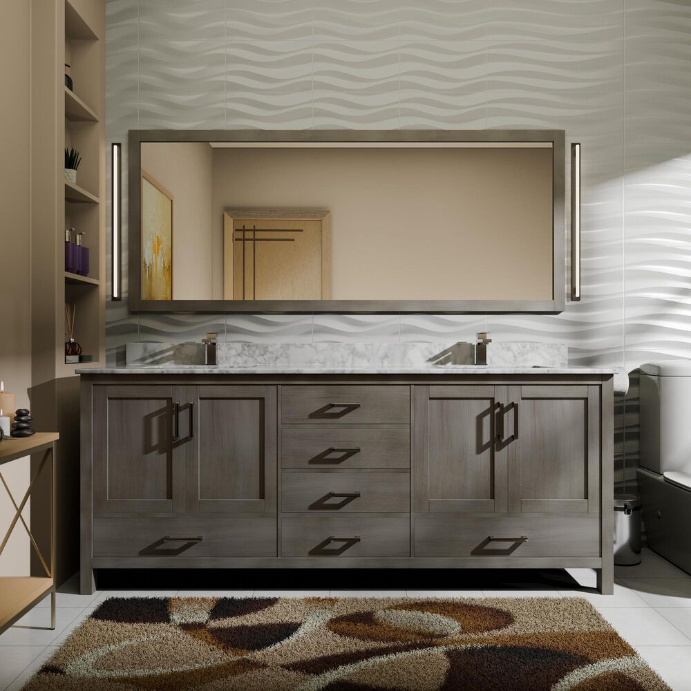 Lexora Home Jacques 72&quot; Double Bathroom Vanity in Distressed Grey with 2 cm White Carrara Marble Top and Rectangular Sinks, , large