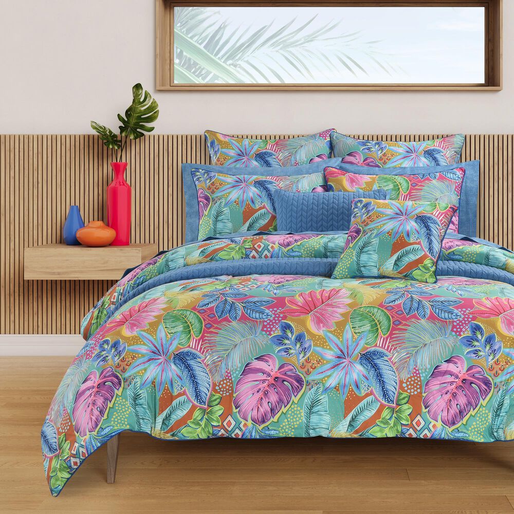 J. Queen Bold Hanalei 18&quot; Square Quilted Throw Pillow in Aqua, Orange, Pink, and Blue, , large