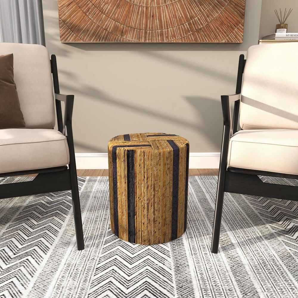 Maple and Jade Banana Leaf Drum Linear Wrapped End Table in Brown and Navy Blue, , large