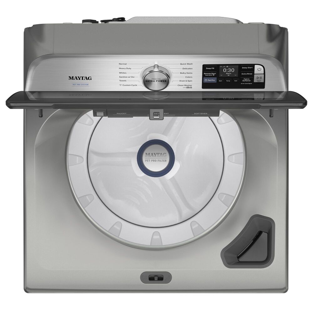 Maytag 5.2 Cu. Ft. Smart Pet Pro Top Load Washer and 7.4 Cu. Ft. Smart Top Load Gas Dryer with Pet Pro Option in Classic Silver, , large
