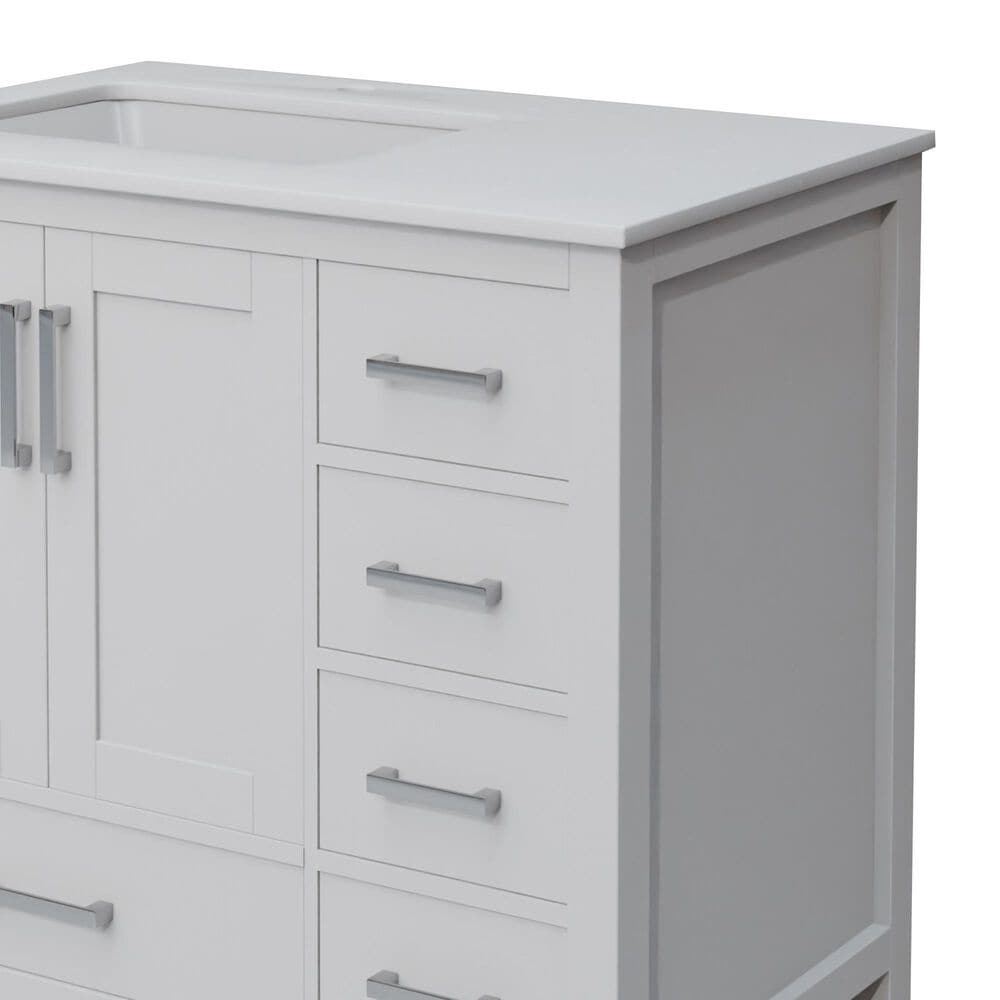 Lexora Home Jacques 36&quot; Left Offset Single Bathroom Vanity in White with 2 cm White Quartz Top and Rectangular Sink, , large