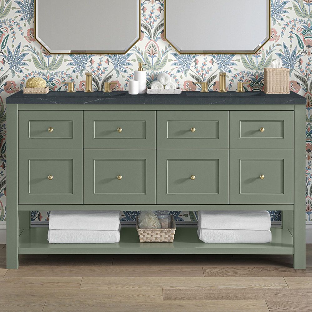 James Martin Vanities Breckenridge 60&quot; Double Bathroom Vanity in Smokey Celadon with 3 cm Charcoal Soapstone Quartz Top and Rectangular Sinks, , large