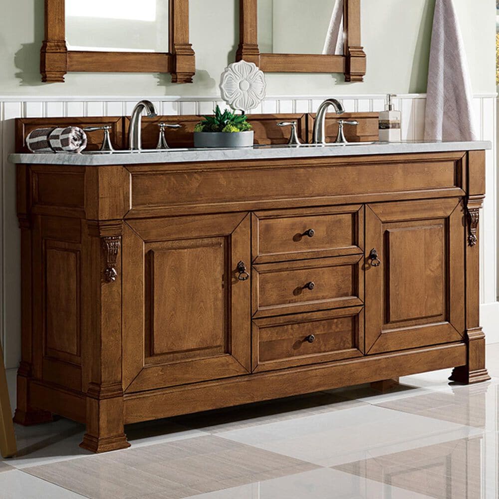 James Martin Vanities Brookfield 60&quot; Double Bathroom Vanity in Country Oak with 3 cm Carrara White Marble Top and Rectangle Sink, , large